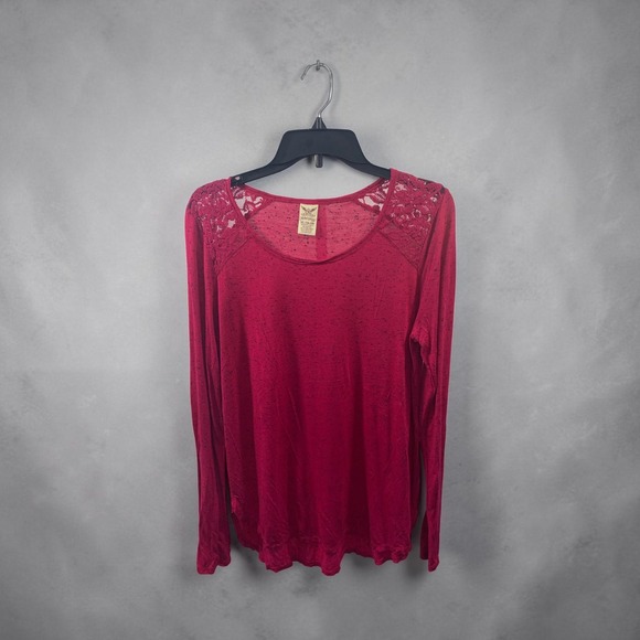 Faded Glory Tops - Faded Glory Womens XL Red Lace Shoulder Long Sleeve Space Dye Scoop Neck Top